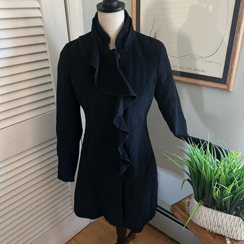 DKNY Coat Womens 2P Black Wool Blend Dainty Ruffle Collar Winter Euro Chic
